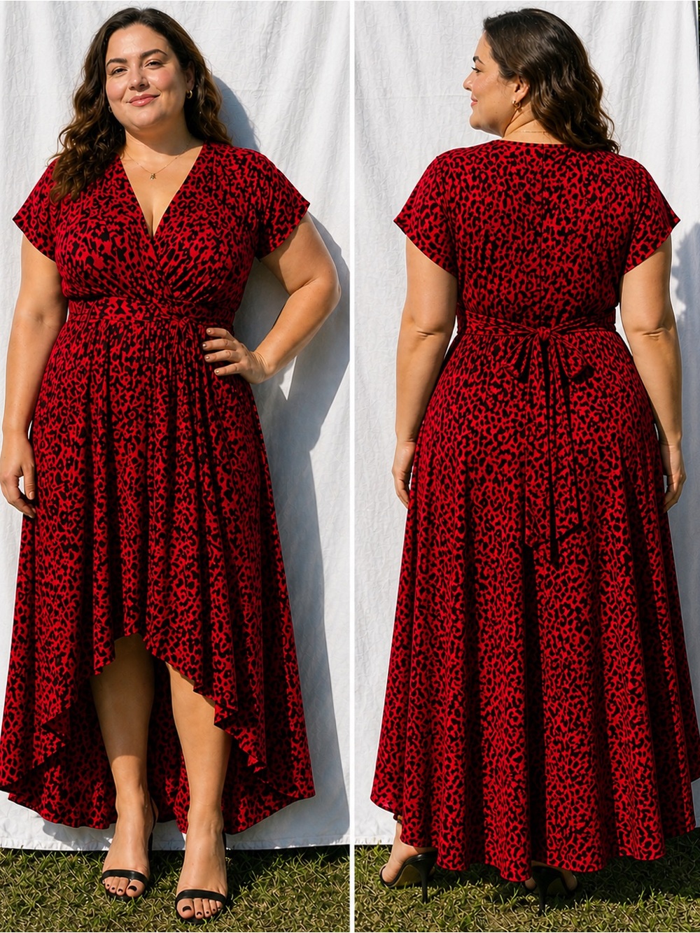 IMAN XL Red Black Leopard Print High Low Maxi Faux Wrap V Neck Dress Exotic NWT